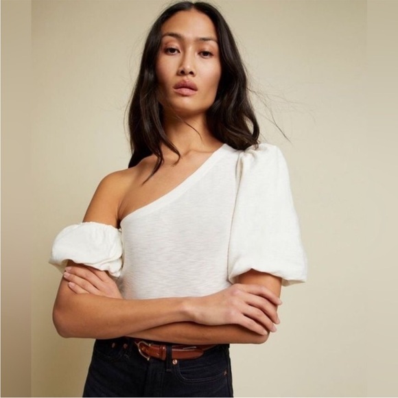 Nation LTD Tops - Nation LTD Daphne Puff Sleeve Asymmetric Tee in Off White Size Large